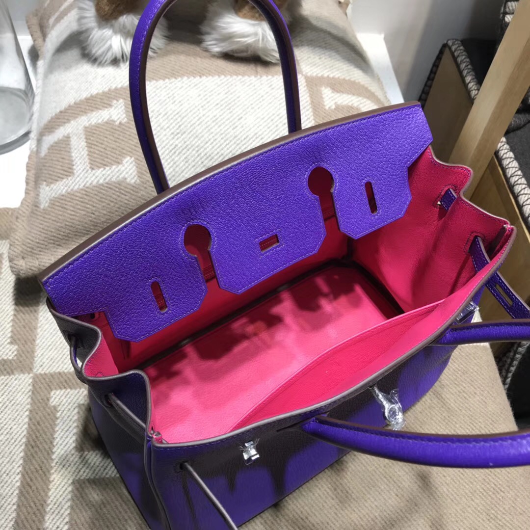 Hermes birkin 30cm山羊皮chevre myzore拼P9 Anemone海葵紫/內裏5R艷桃紅 銀扣馬蹄印