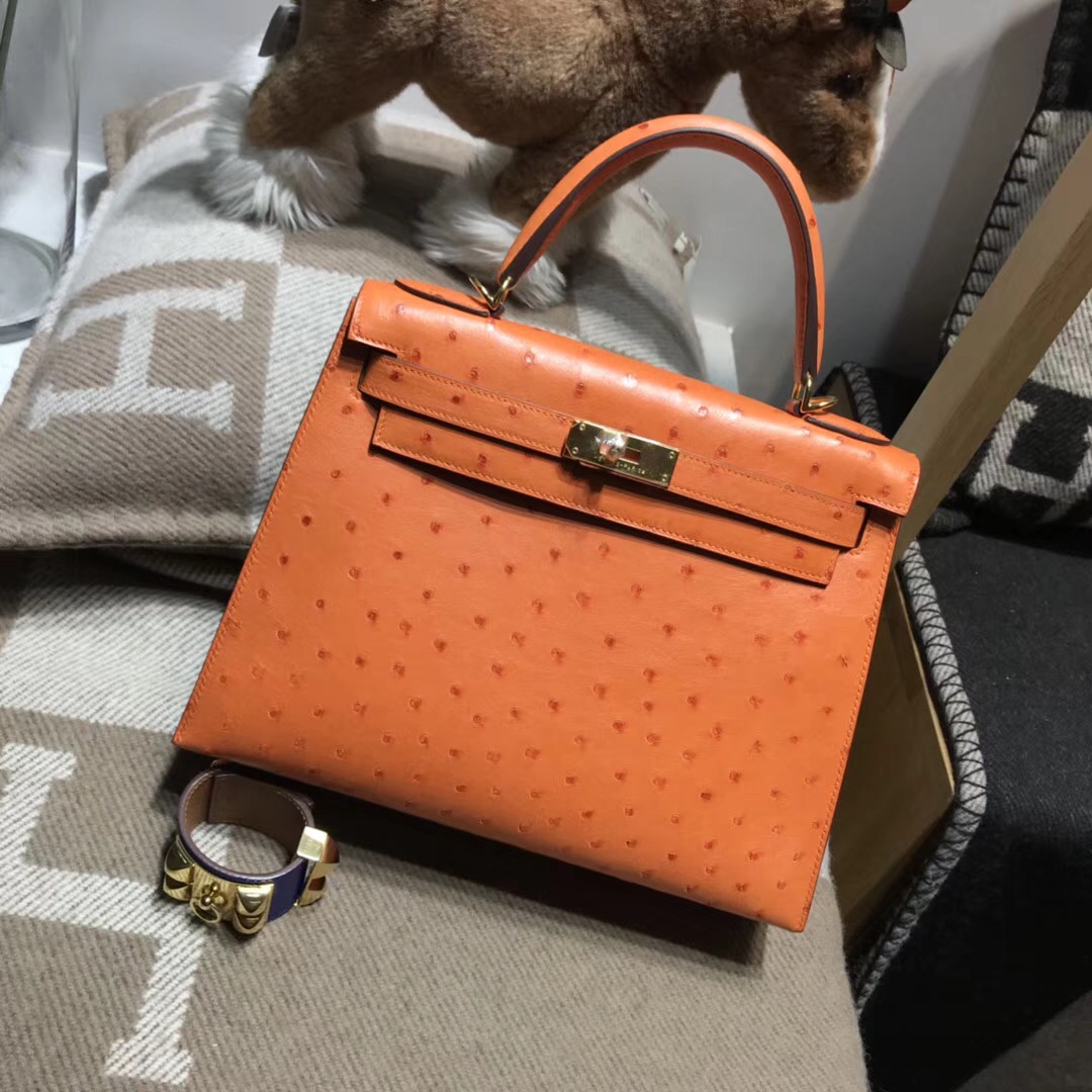 Hermes Kelly 28cm 鴕鳥皮經典橙色CK93 Orange 金扣外封本色蜜蠟線純手縫