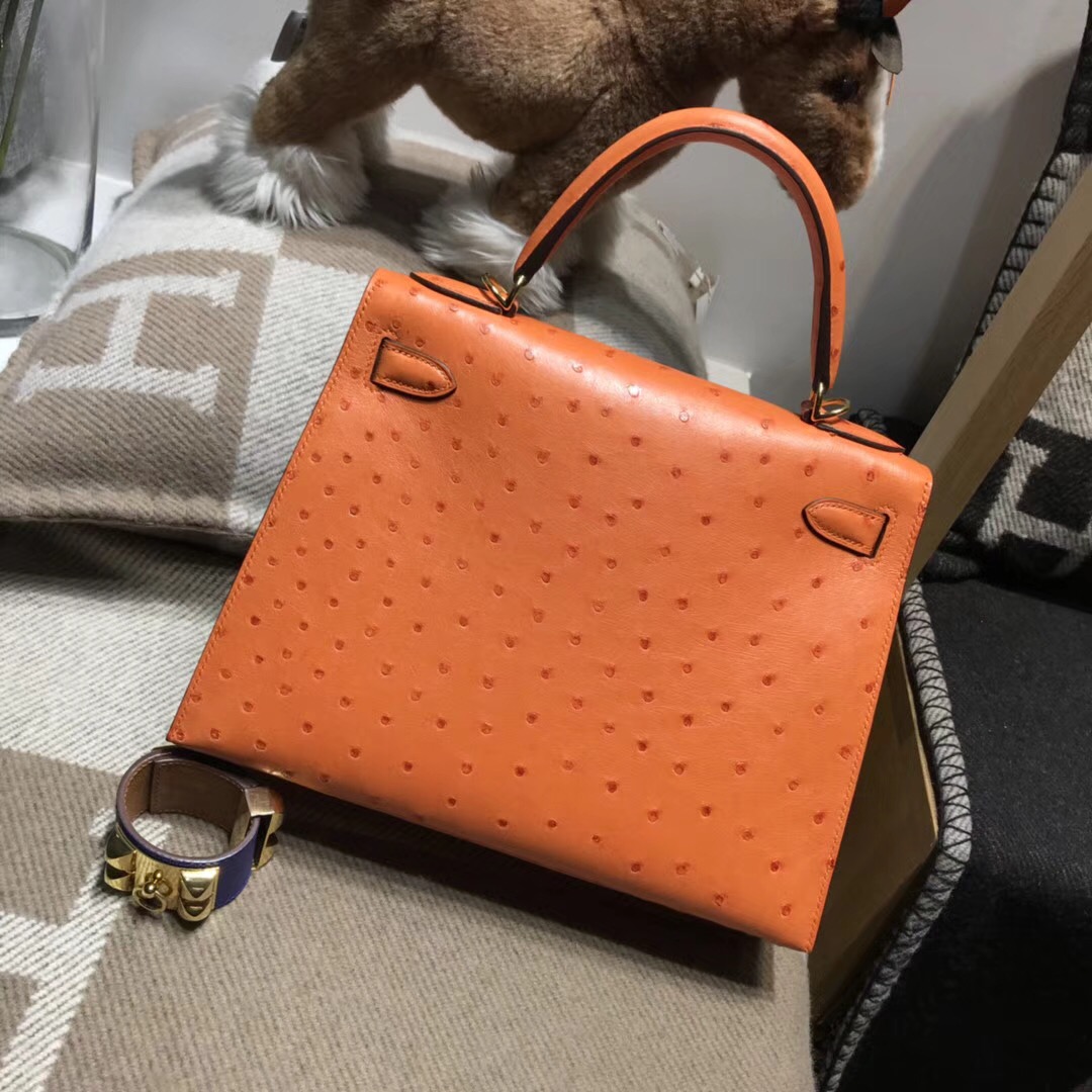 Hermes Kelly 28cm 鴕鳥皮經典橙色CK93 Orange 金扣外封本色蜜蠟線純手縫