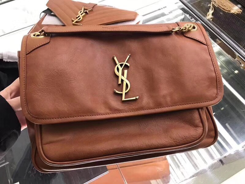 YSL Niki bags中號復古褶皺和絎縫幹邑色 COGNAC真皮 鏈條包 4989130