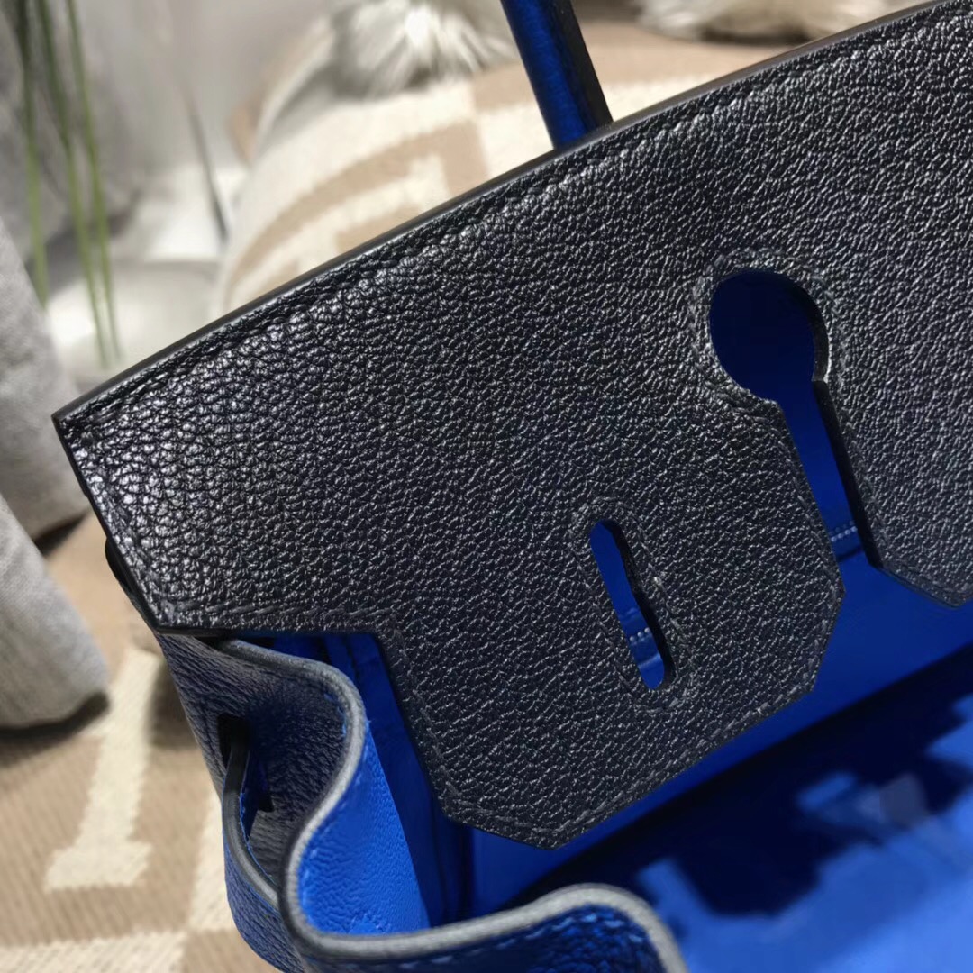 Hermes birkin 30cm山羊皮chevre myzore拼ck89 nior黑色/T7 blue水妖藍銀扣