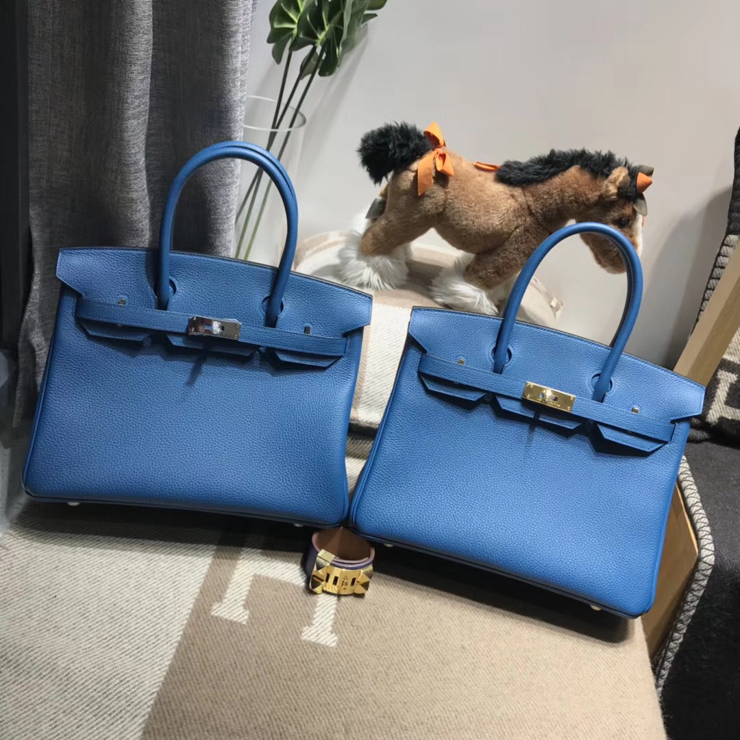 Hermes鉑金包Birkin Togo小牛皮30cm s7加利西亞藍 blue de galice金扣金屬