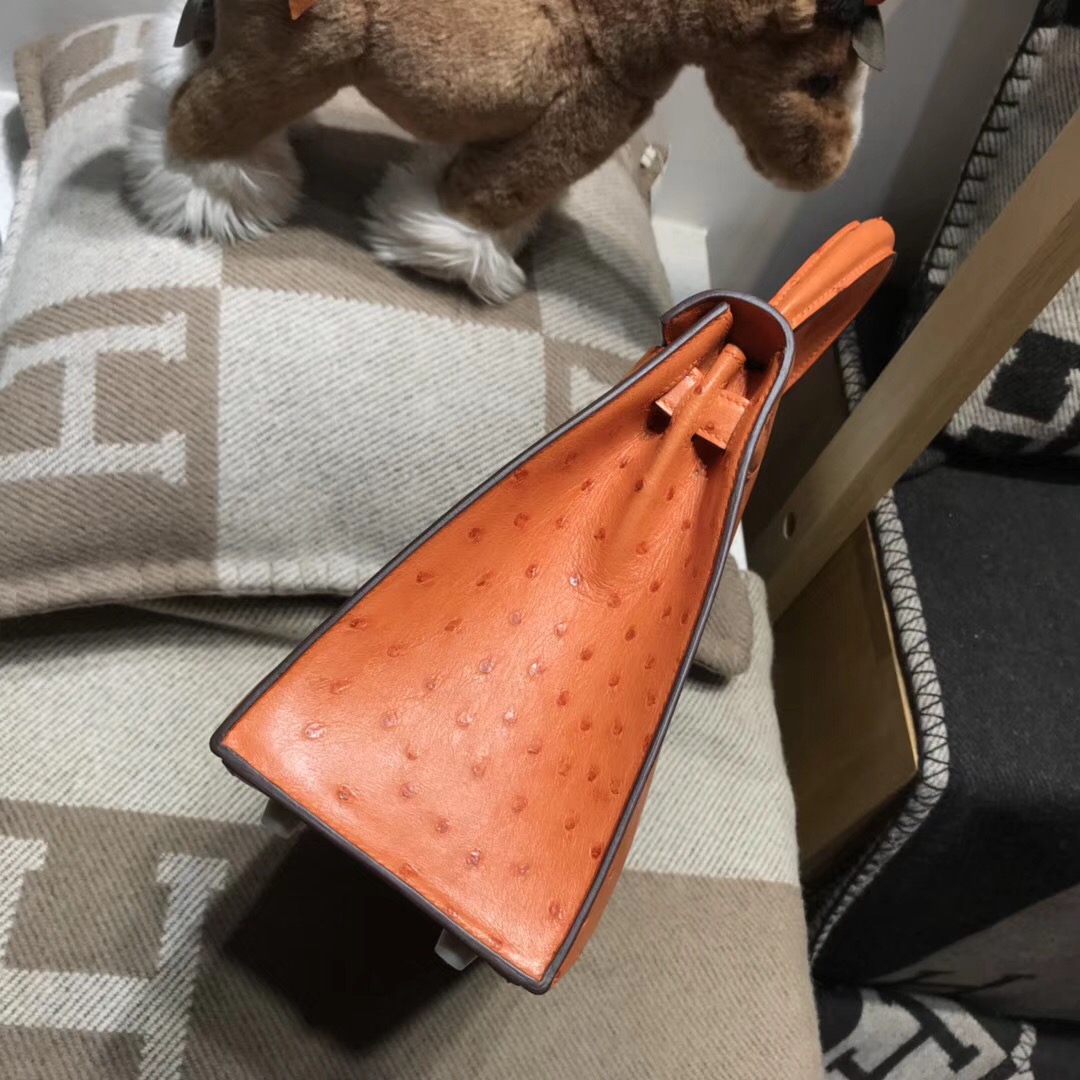 Hermes Kelly 28cm 鴕鳥皮經典橙色CK93 Orange 金扣外封本色蜜蠟線純手縫