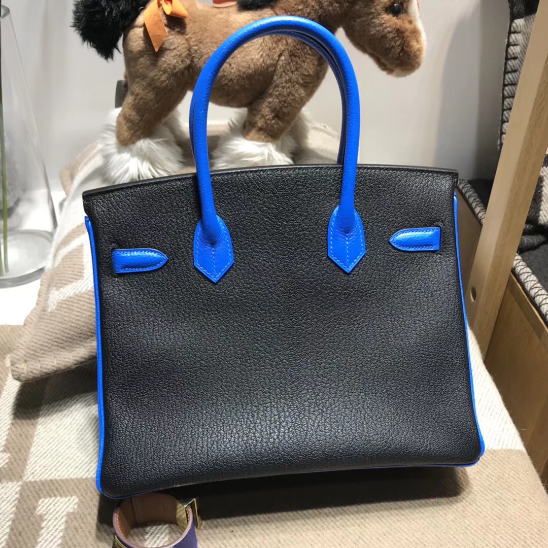 Hermes birkin 30cm山羊皮chevre myzore拼ck89 nior黑色/T7 blue水妖藍銀扣