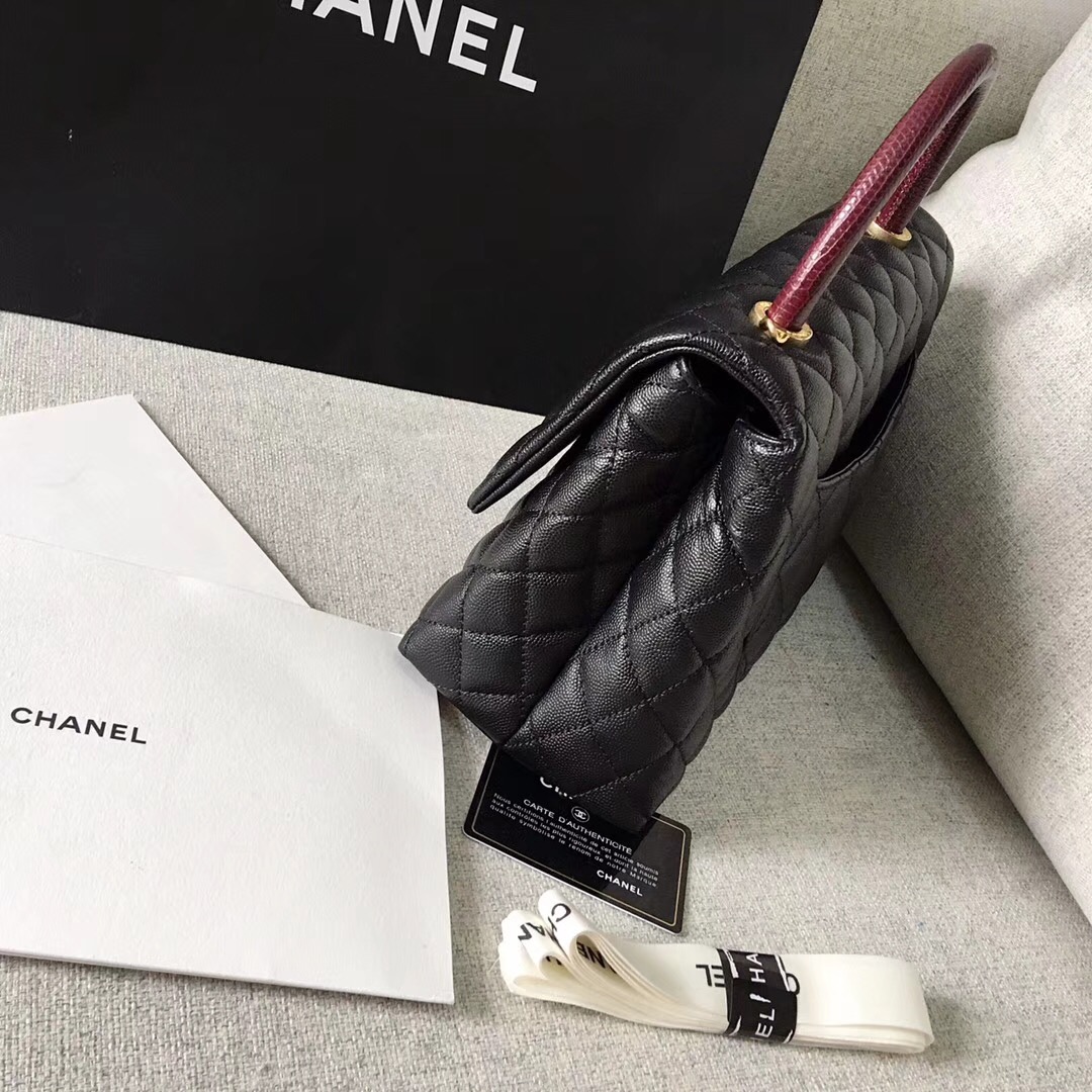 chanel復古手提包黑色小牛皮 蜥蜴皮 中號 coco handle bag 口蓋包 復古金