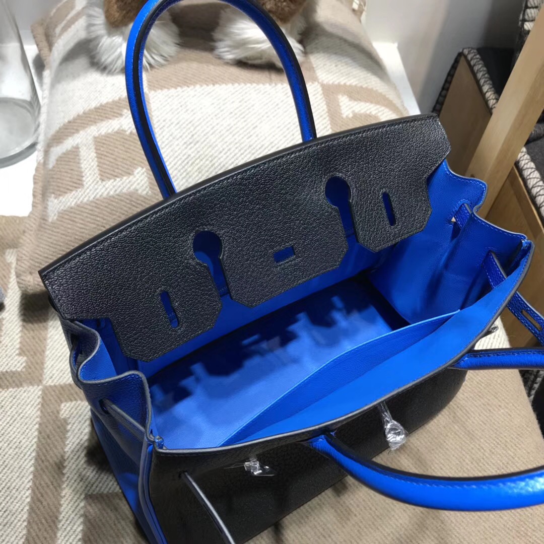 Hermes birkin 30cm山羊皮chevre myzore拼ck89 nior黑色/T7 blue水妖藍銀扣