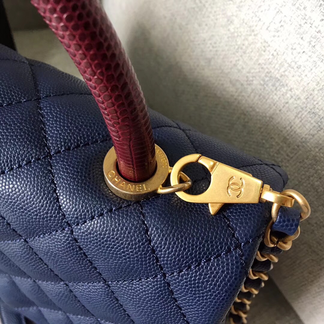chanel復古手提包 中號深藍色小牛皮 蜥蜴皮 coco handle bag口蓋包