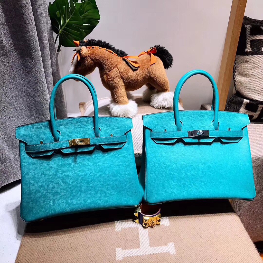 愛馬仕最出名的包袋Hermes birkin 30cm epsom 7f孔雀藍 blue paon  银扣金屬