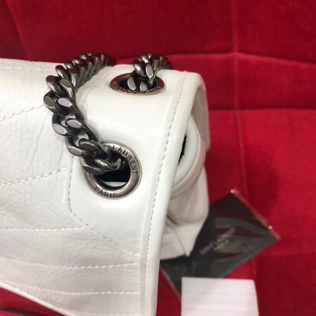 YSL Niki bags medium niki chain bag in crinkled and quilted pearl white leather