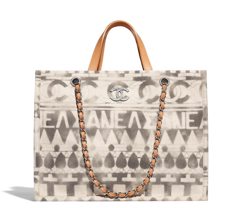 Chanel 2018春夏系列印花薄麻布小牛皮 beige米色 Small shopping bag小號購物包