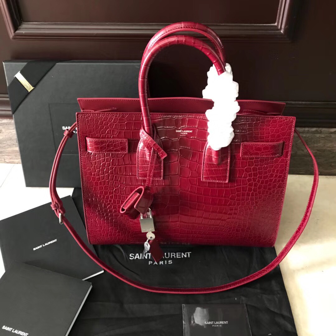 YSL 小號SAC DE JOUR SOUPLE小牛皮 酒紅色鱷魚壓花真皮包