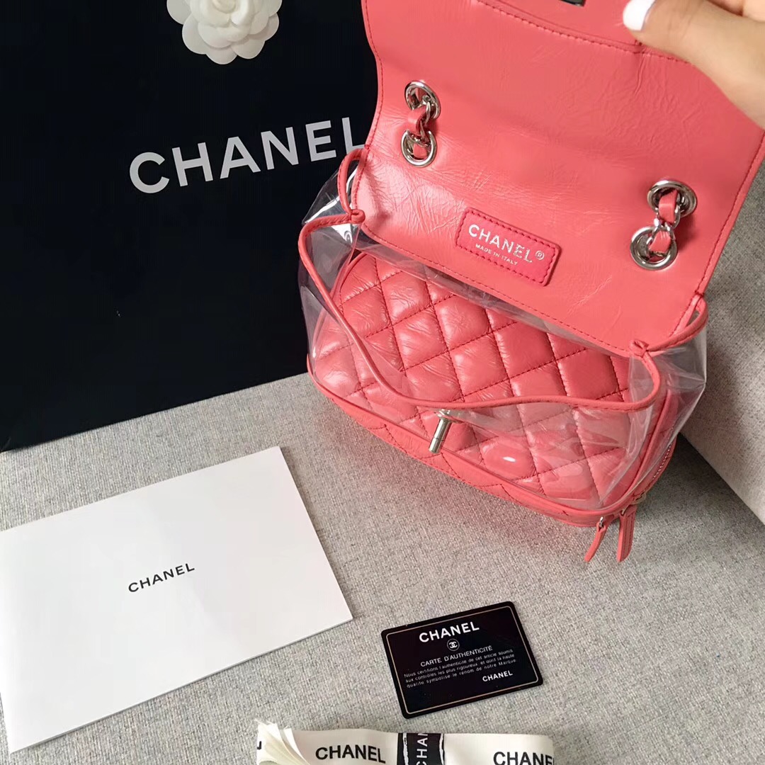 chanel 2018早春系列粉红皺紋小牛皮 PVC 口蓋包Flap bag backpack bag