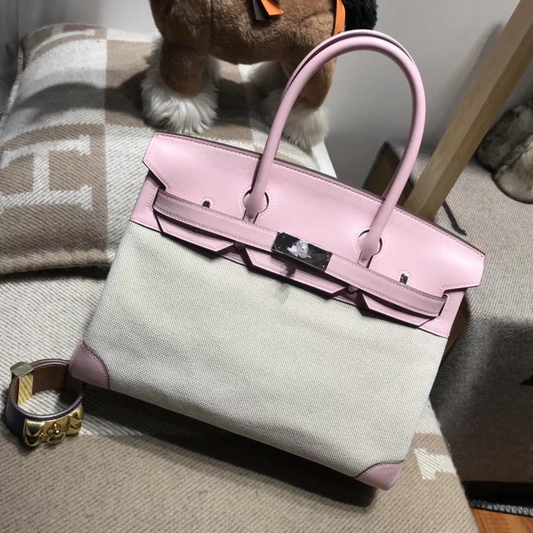 Hermes 鉑金包Birkin 30 Bag帆布配Swift calfskin 1Q Rose Confetti奶昔粉银扣