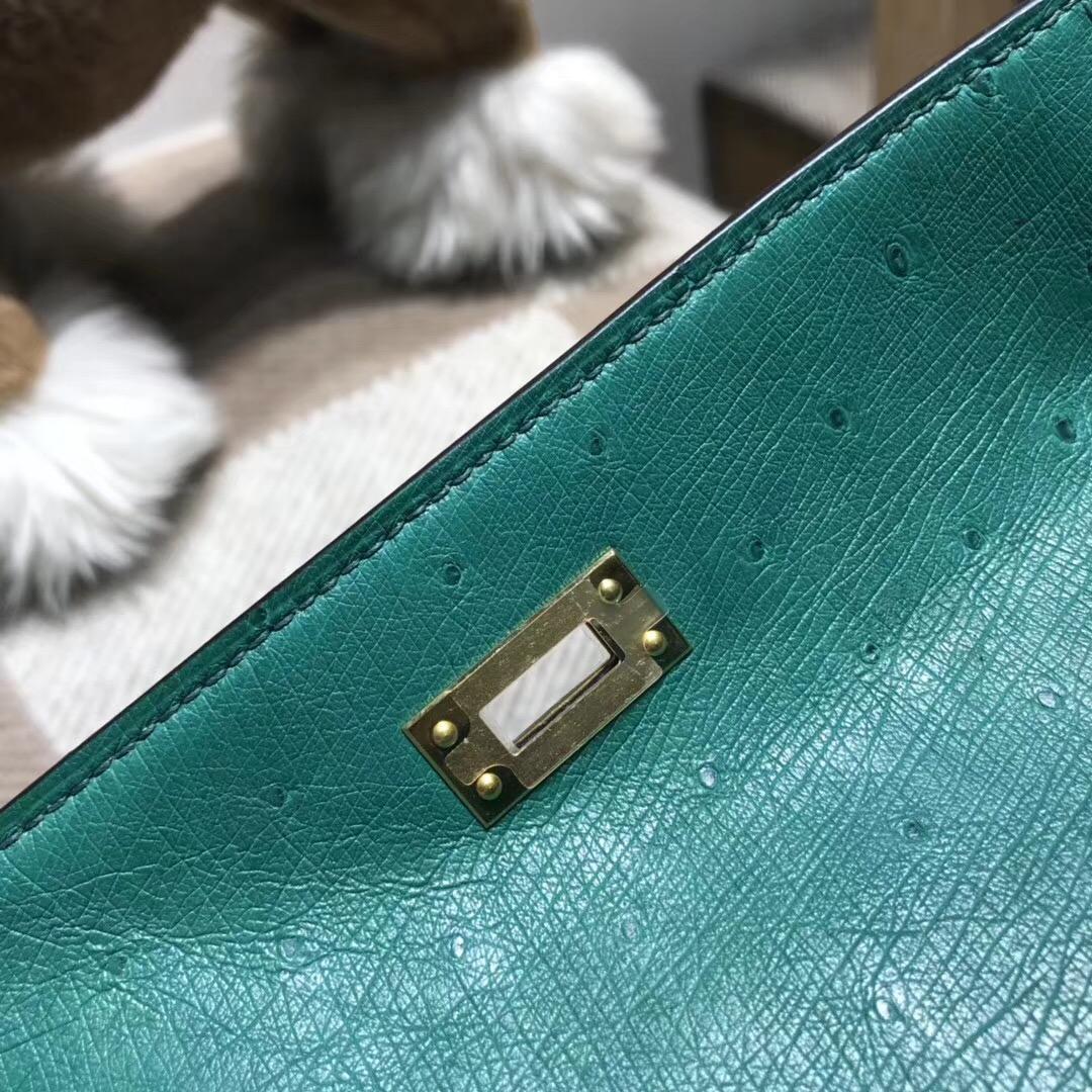 爱马仕Hermes mini kelly 鸵鸟皮 Z6 Malachite孔雀绿金扣