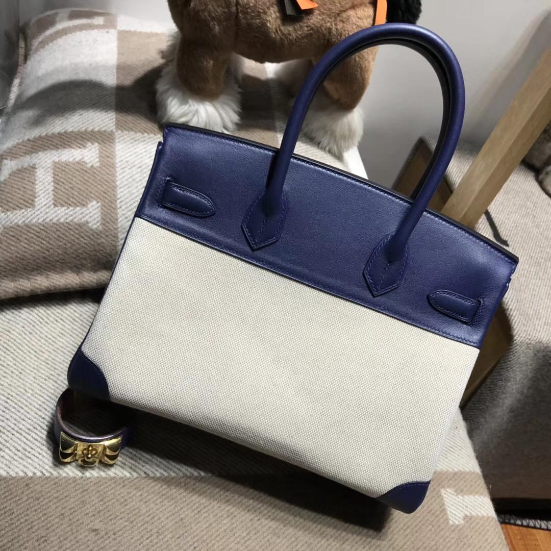 Hermes Birkin 30 Bag Ghillies swift皮CC73 Blue Saphir寶石藍拼帆布金扣