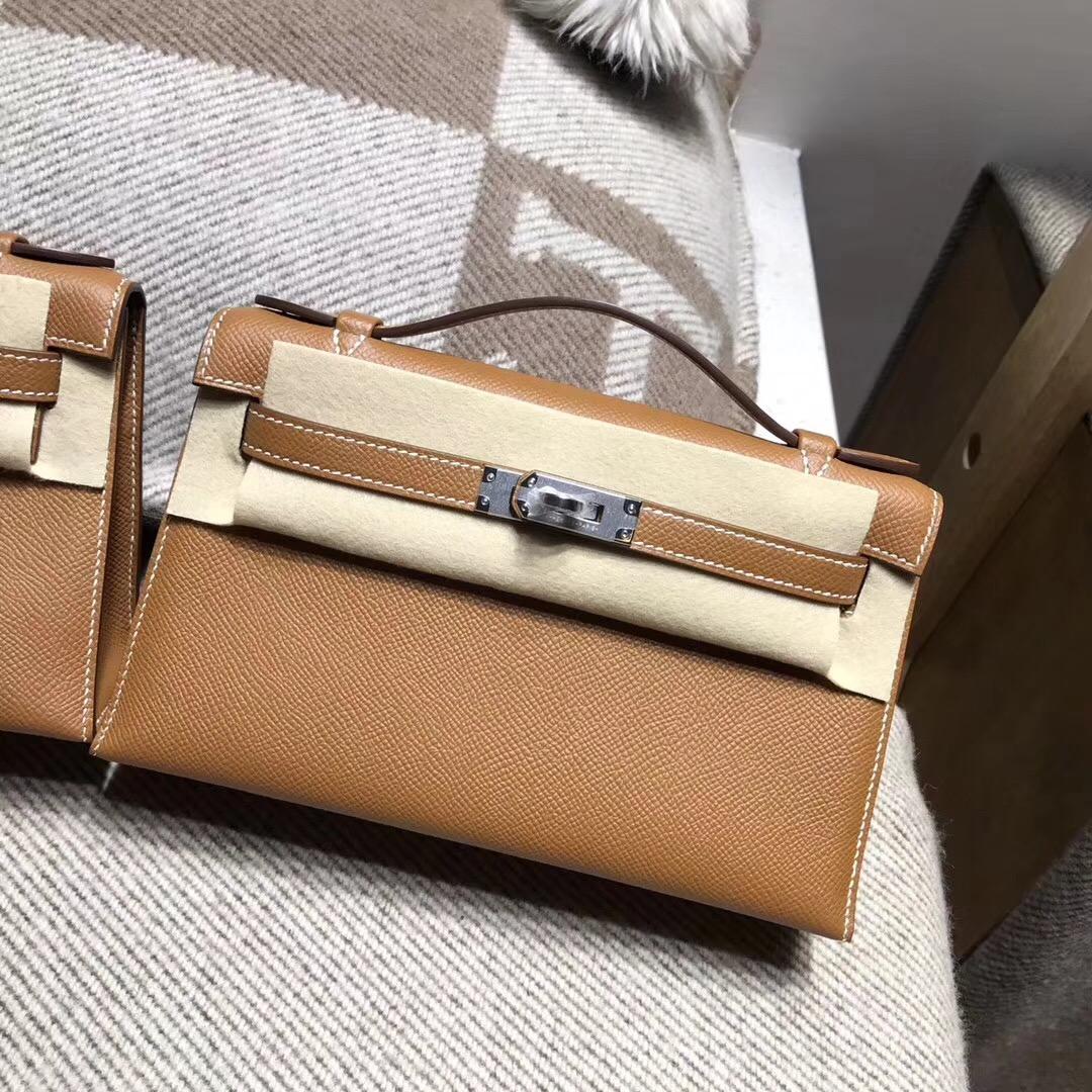 愛馬仕凱莉包 Hermes Mini kelly epsom CK37 Glod 金棕色 银扣金屬