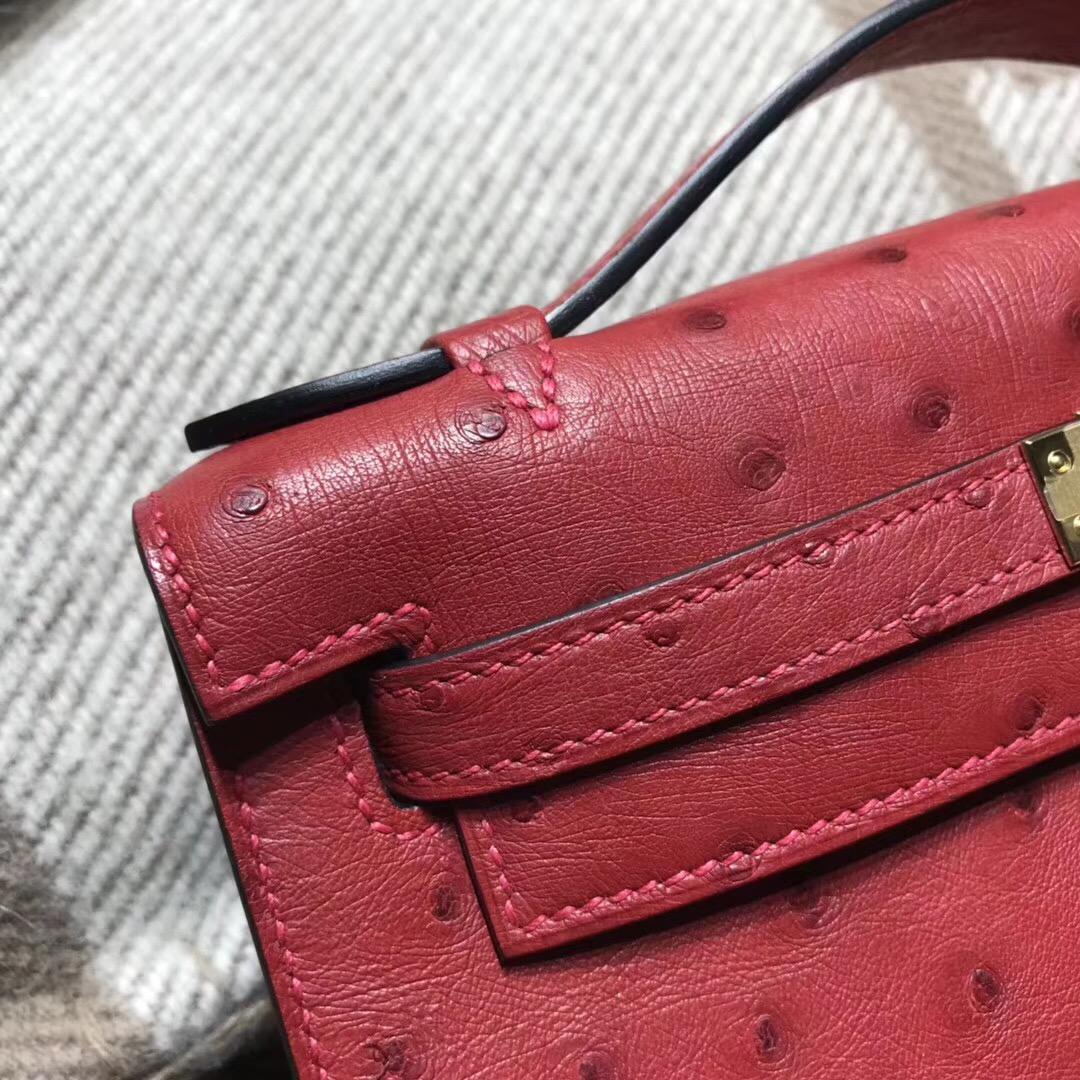 爱马仕Hermes mini kelly 鸵鸟皮K1 Rouge Grenat石榴红 金扣