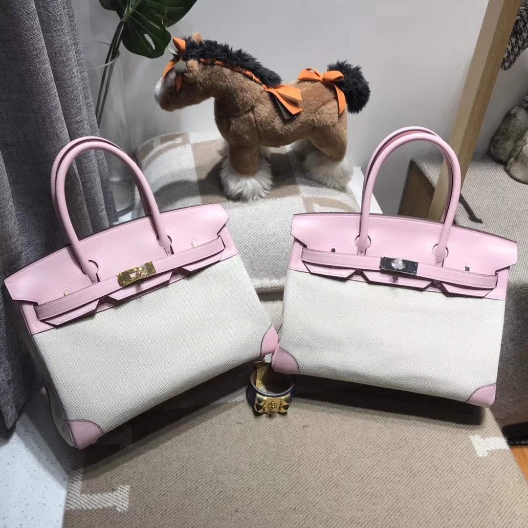 Hermes 鉑金包Birkin 30 Bag帆布配Swift calfskin 1Q Rose Confetti奶昔粉银扣