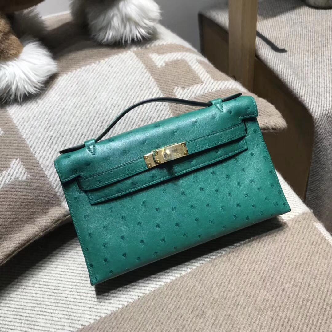 爱马仕Hermes mini kelly 鸵鸟皮 Z6 Malachite孔雀绿金扣