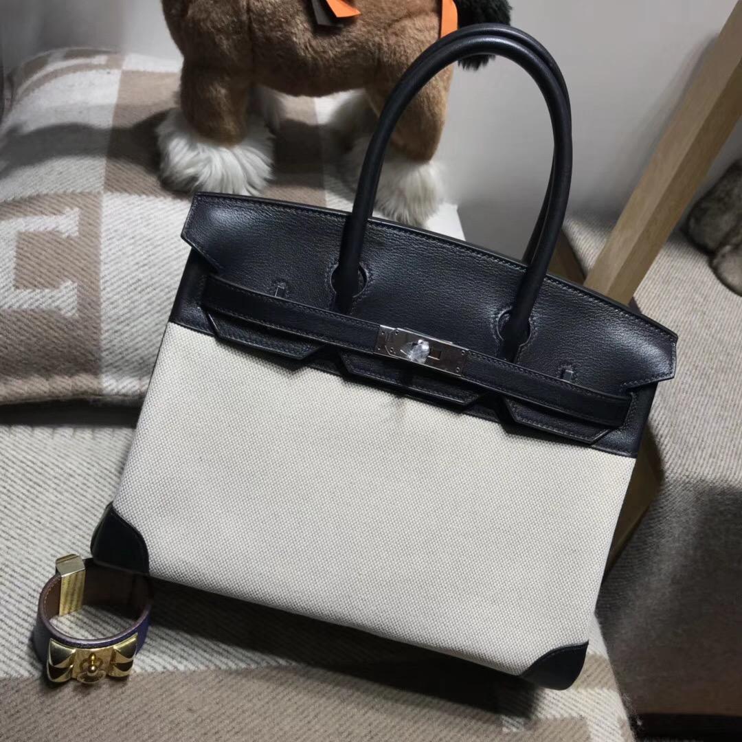 愛馬仕Hermes Birkin 30 Bag 帆布配 Swift calfskin小牛皮CK89 nior 銀扣