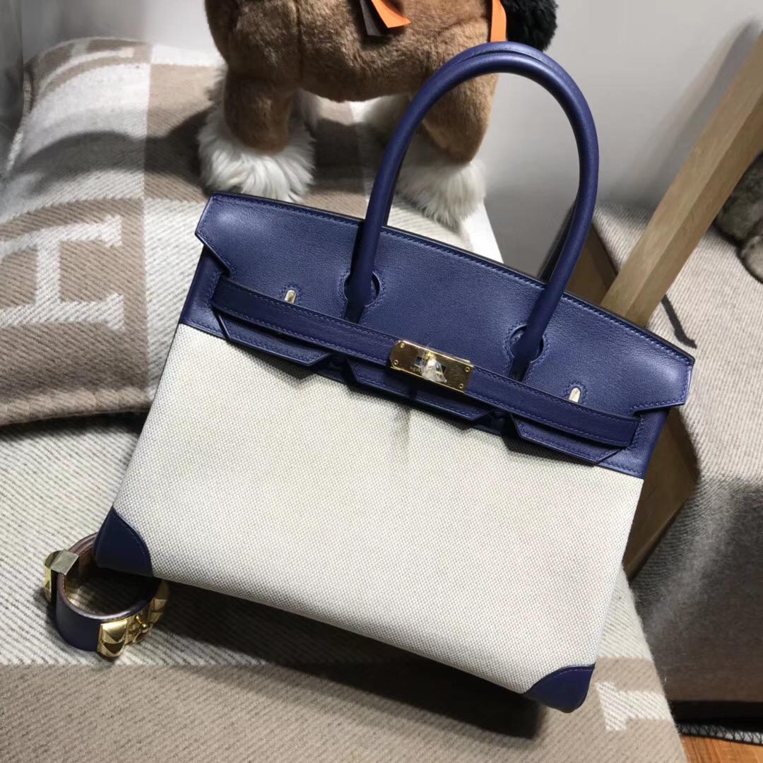 Hermes Birkin 30 Bag Ghillies swift皮CC73 Blue Saphir寶石藍拼帆布金扣