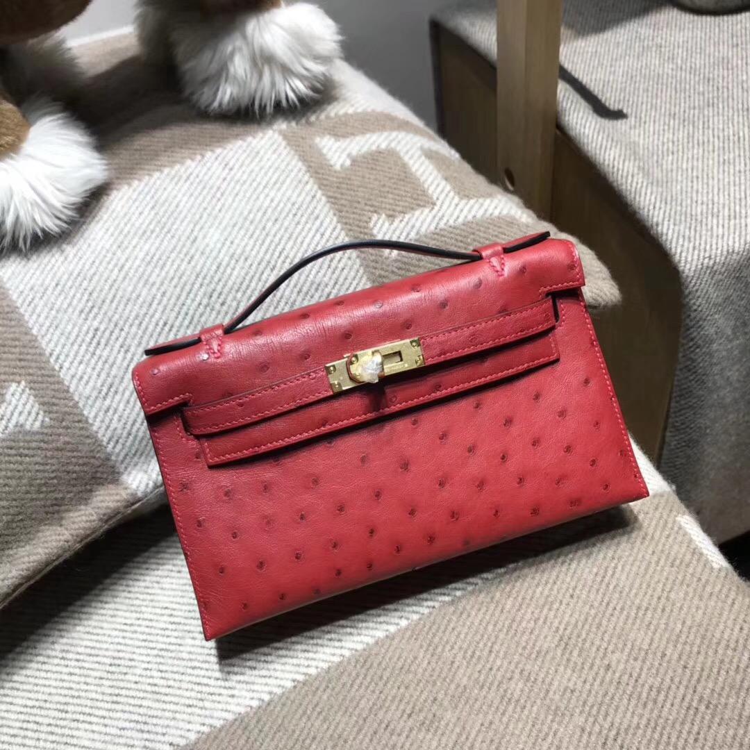 爱马仕Hermes mini kelly 鸵鸟皮K1 Rouge Grenat石榴红 金扣