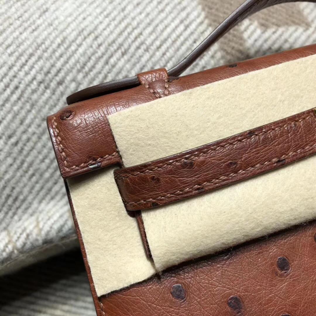 愛馬仕Hermes Mini kelly 鸵鸟皮 OSTRICH 4G 焦糖色 金扣