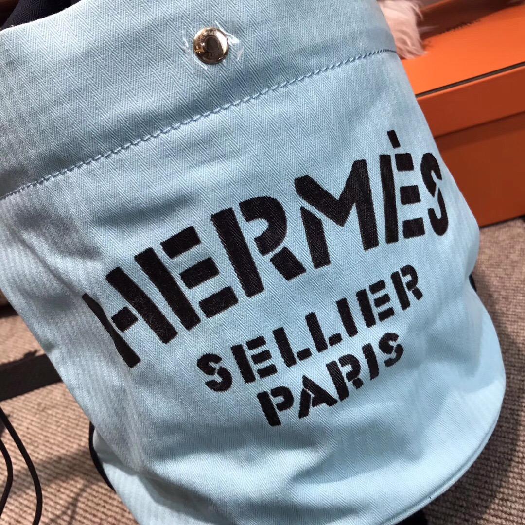 愛馬仕Hermes sac de pansage帆布水桶包 3P Blue Atoll馬卡龍藍