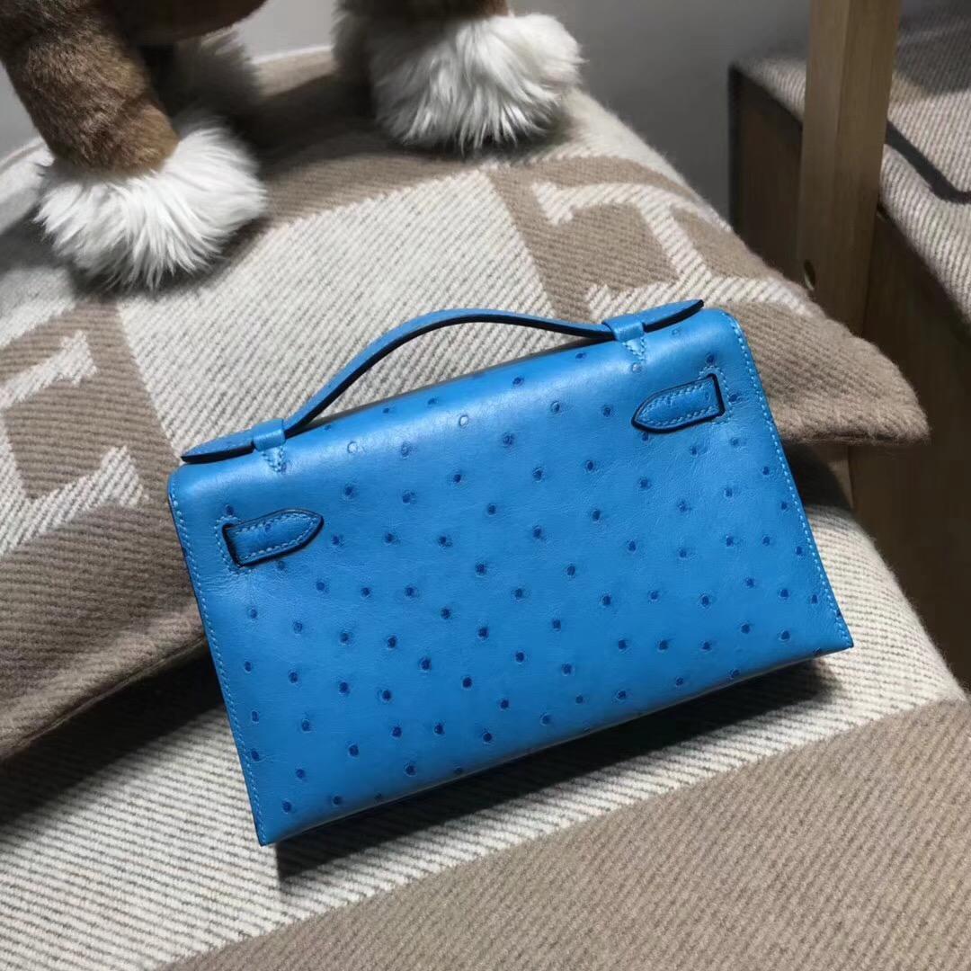 爱马仕Hermes mini kelly 鸵鸟皮 7B Turquoise松石蓝 银扣