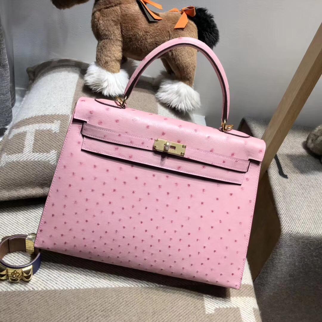 愛馬仕凱莉包Hermes Kelly 32 鸵鸟皮 OSTRICH 1Q Rose Confetti奶昔粉色金扣