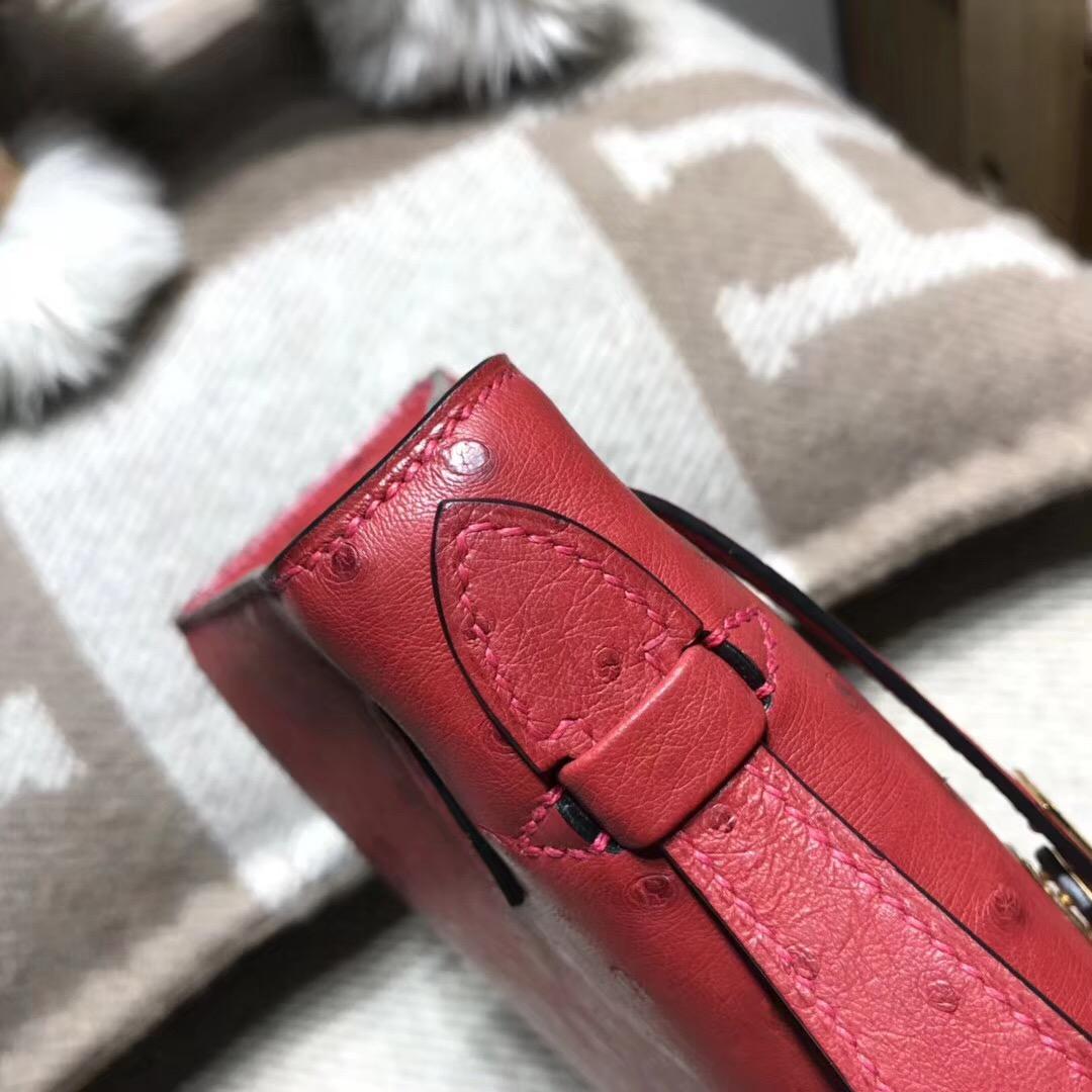 爱马仕Hermes mini kelly 鸵鸟皮K1 Rouge Grenat石榴红 金扣