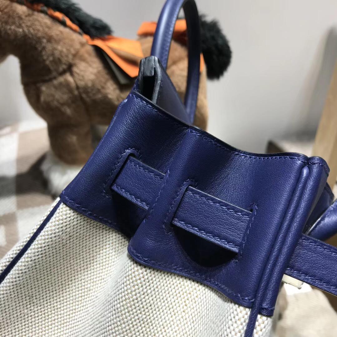 Hermes Birkin 30 Bag Ghillies swift皮CC73 Blue Saphir寶石藍拼帆布金扣