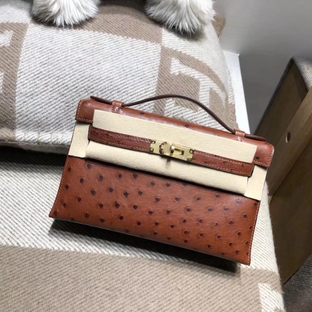 愛馬仕Hermes Mini kelly 鸵鸟皮 OSTRICH 4G 焦糖色 金扣