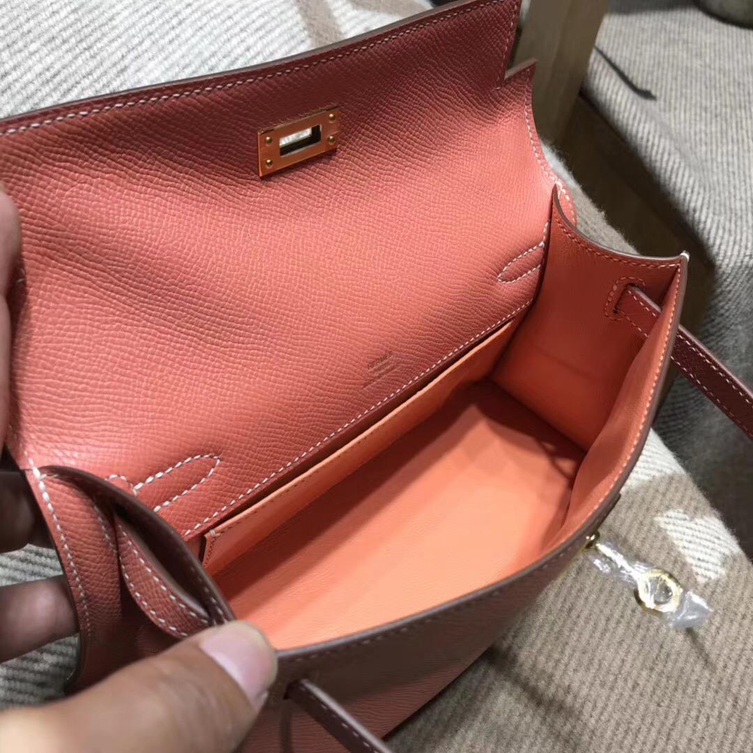 愛馬仕Hermes mini kelly epsom L5 龍蝦粉 Crevette 暖粉色金扣