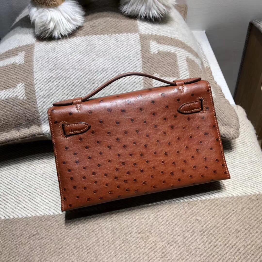 愛馬仕Hermes Mini kelly 鸵鸟皮 OSTRICH 4G 焦糖色 金扣