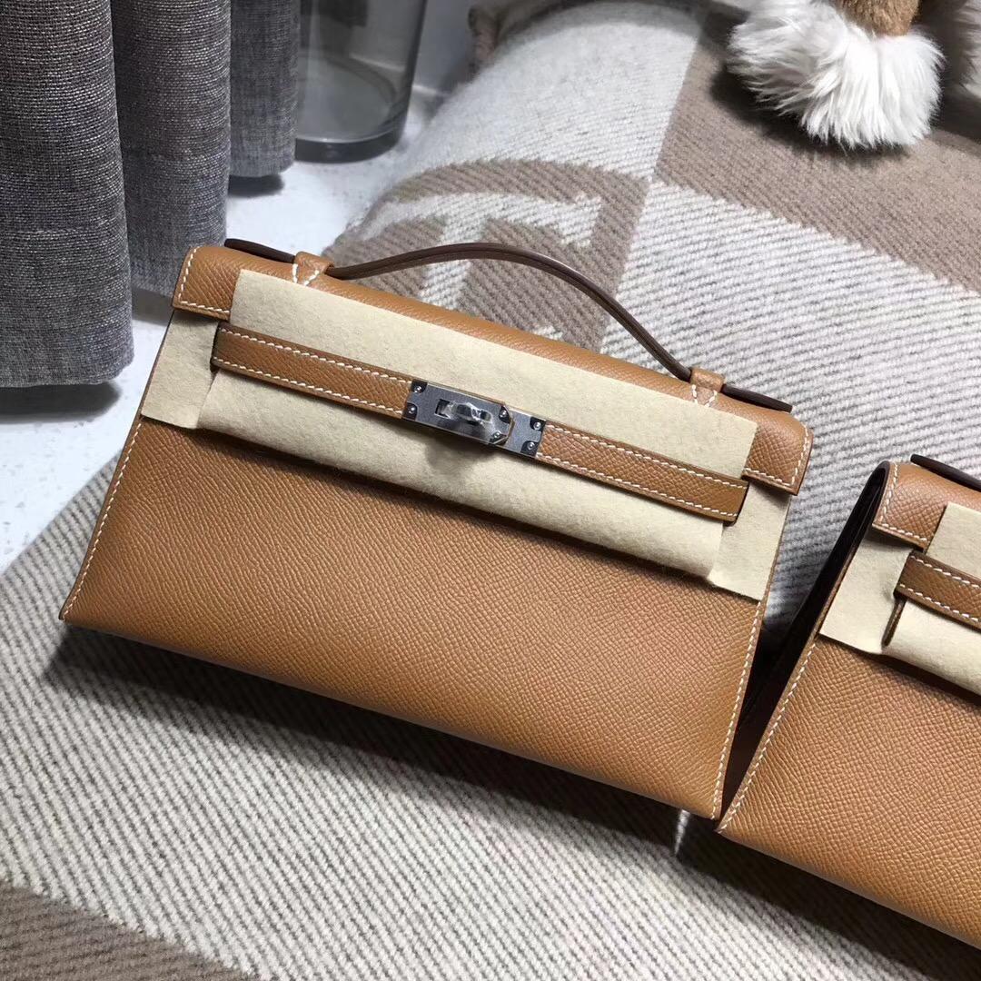 愛馬仕凱莉包 Hermes Mini kelly epsom CK37 Glod 金棕色 银扣金屬