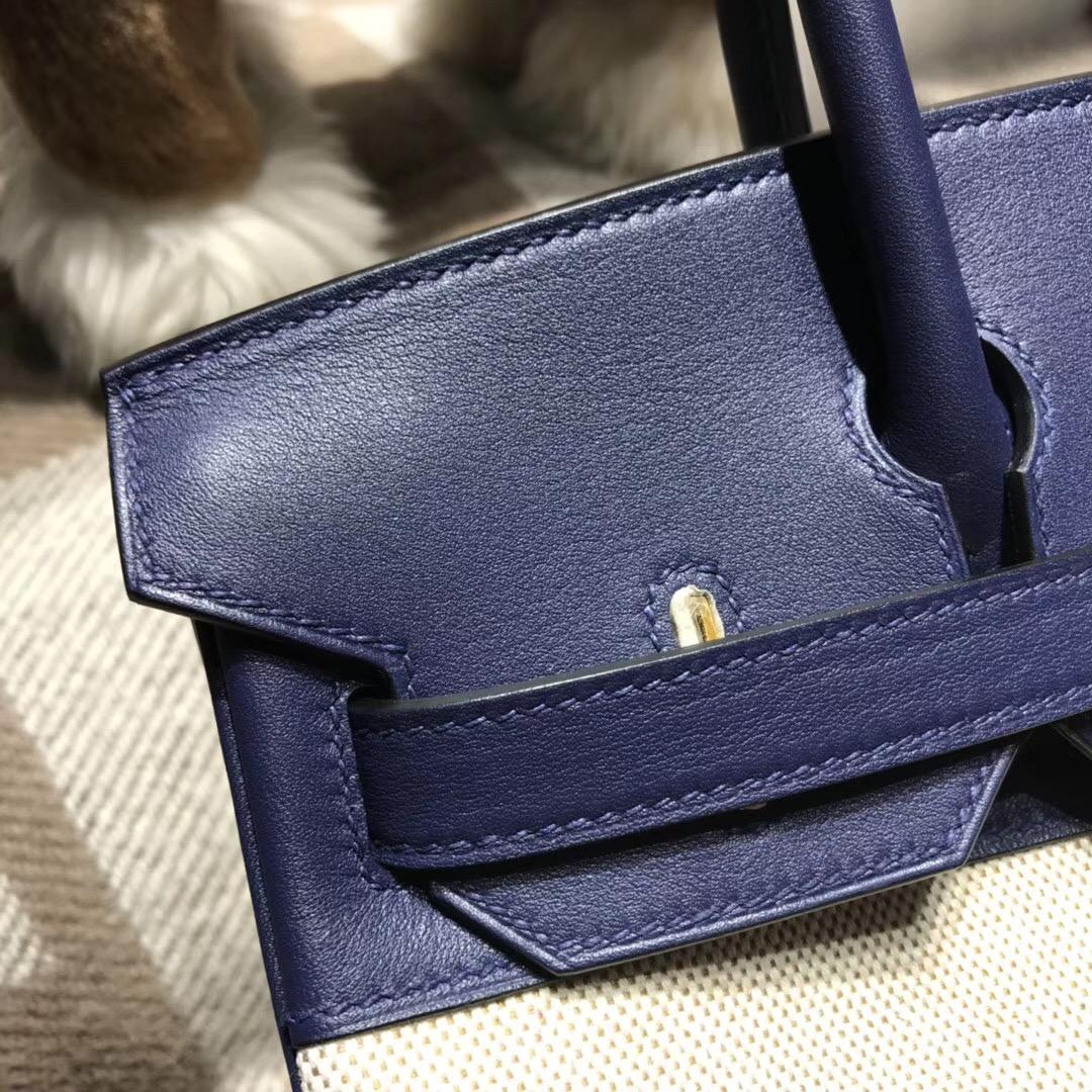 Hermes Birkin 30 Bag Ghillies swift皮CC73 Blue Saphir寶石藍拼帆布金扣