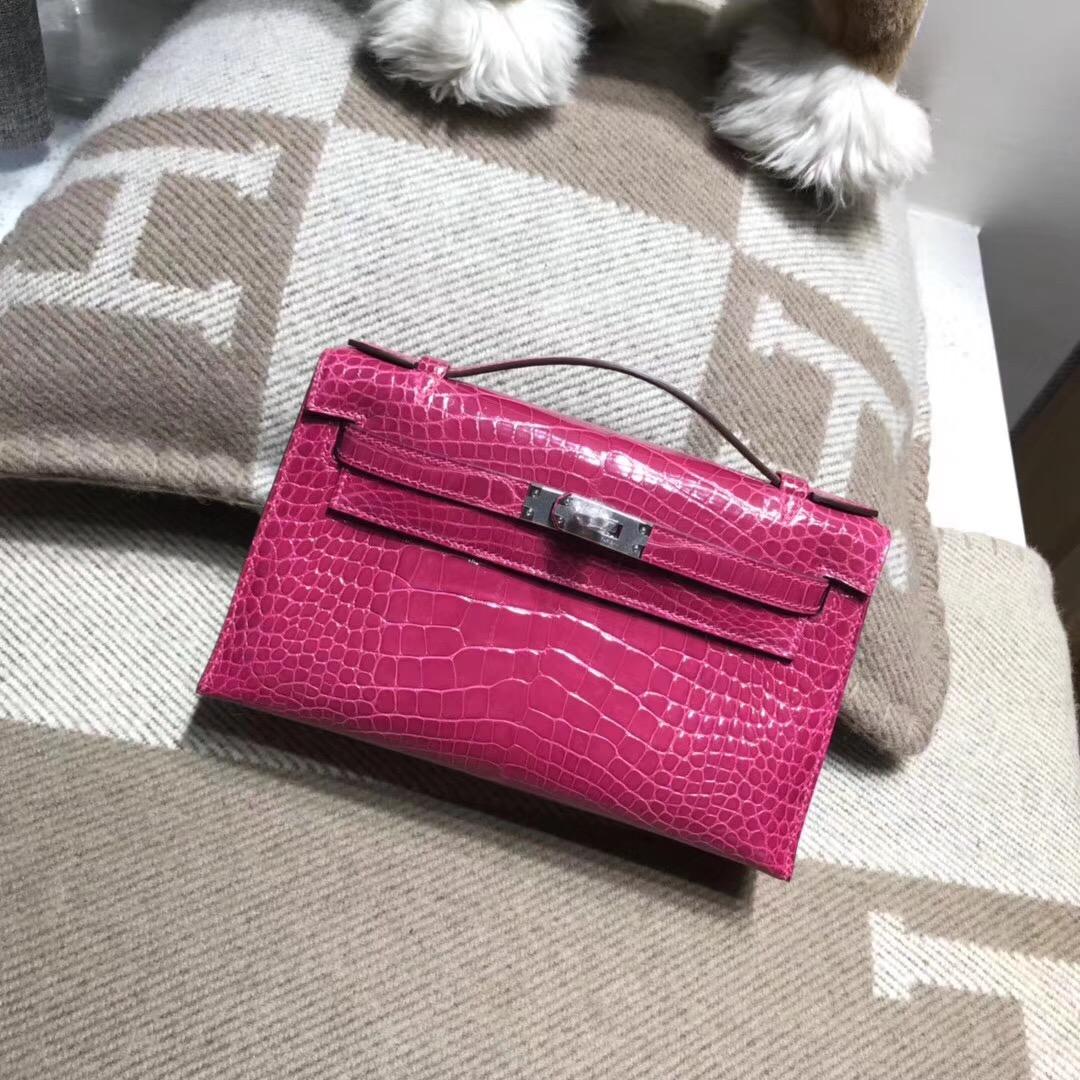 愛馬仕Hermes mini kelly 光面美洲鳄鱼皮革 E5 Rose Tyrien糖果粉