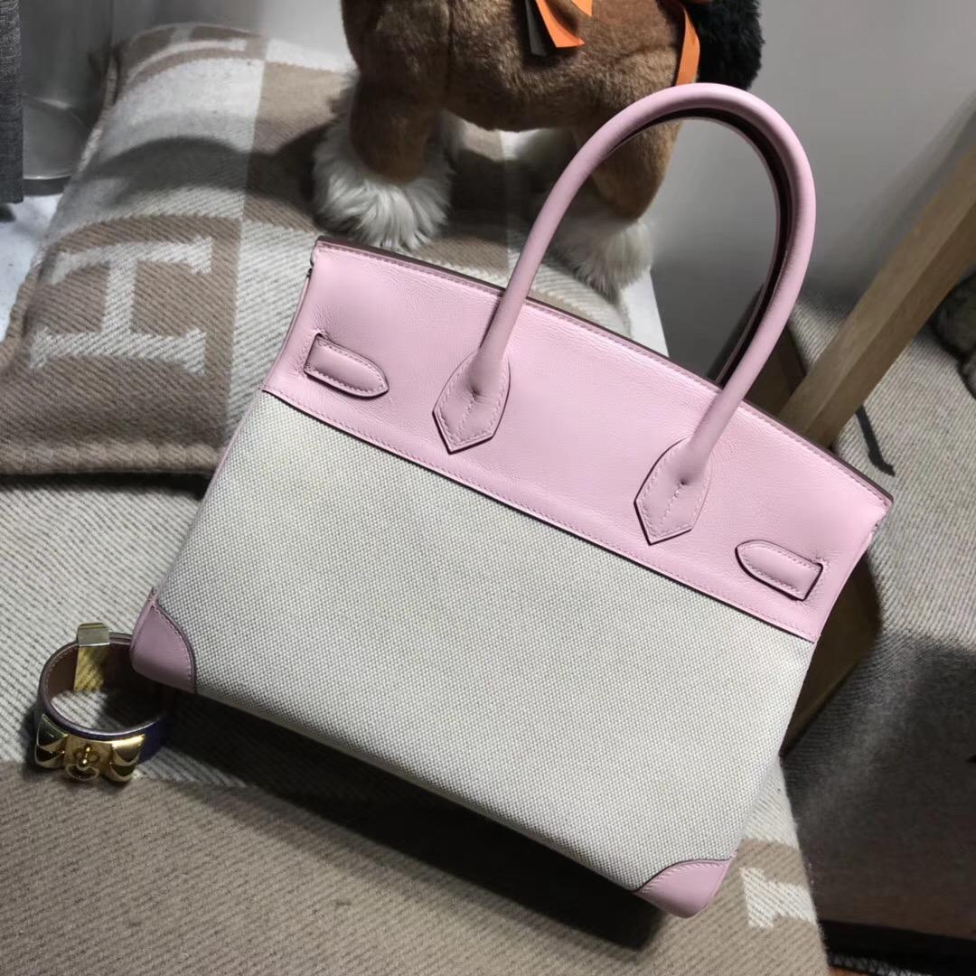 愛馬仕Hermes Birkin 30 Bag 帆布配Swift calfskin皮1Q Rose Confetti奶昔粉金扣