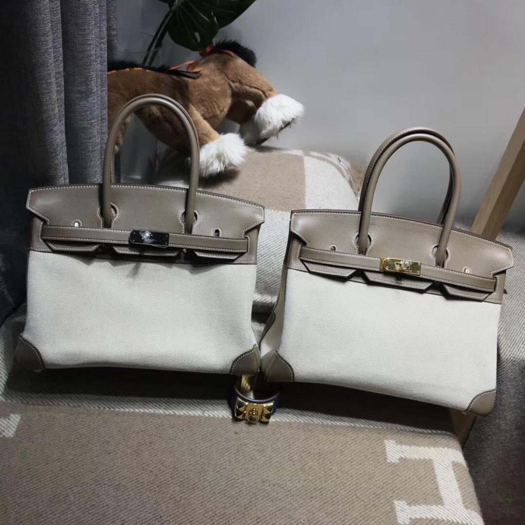 Hermes Birkin 30 Bag Ghillies swift CK18 Etoupe大象灰拼帆布銀扣