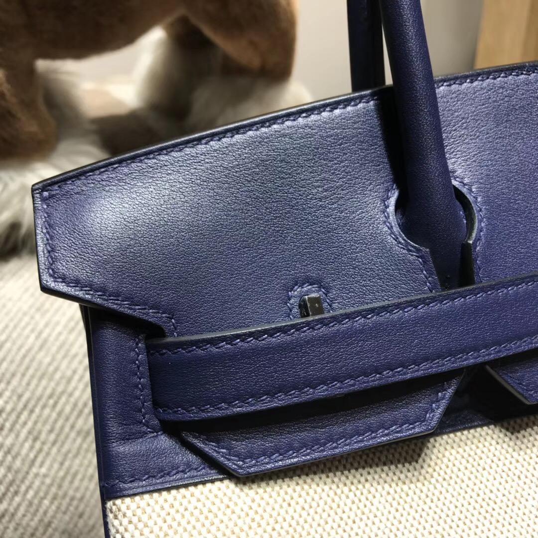 Hermes Birkin 30 Bag Ghillies swift CC73 Blue Saphir寶石藍拼帆布银扣