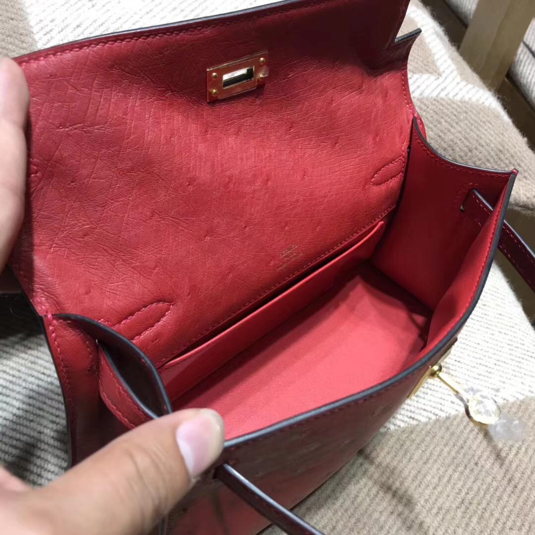 爱马仕Hermes mini kelly 鸵鸟皮K1 Rouge Grenat石榴红 金扣