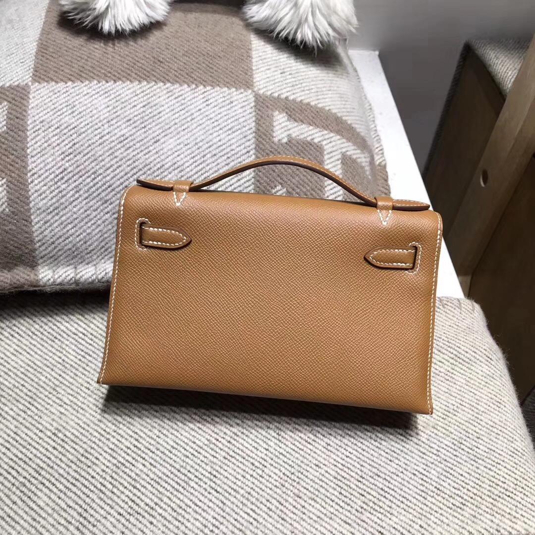 愛馬仕凱莉包 Hermes Mini kelly epsom CK37 Glod 金棕色 银扣金屬