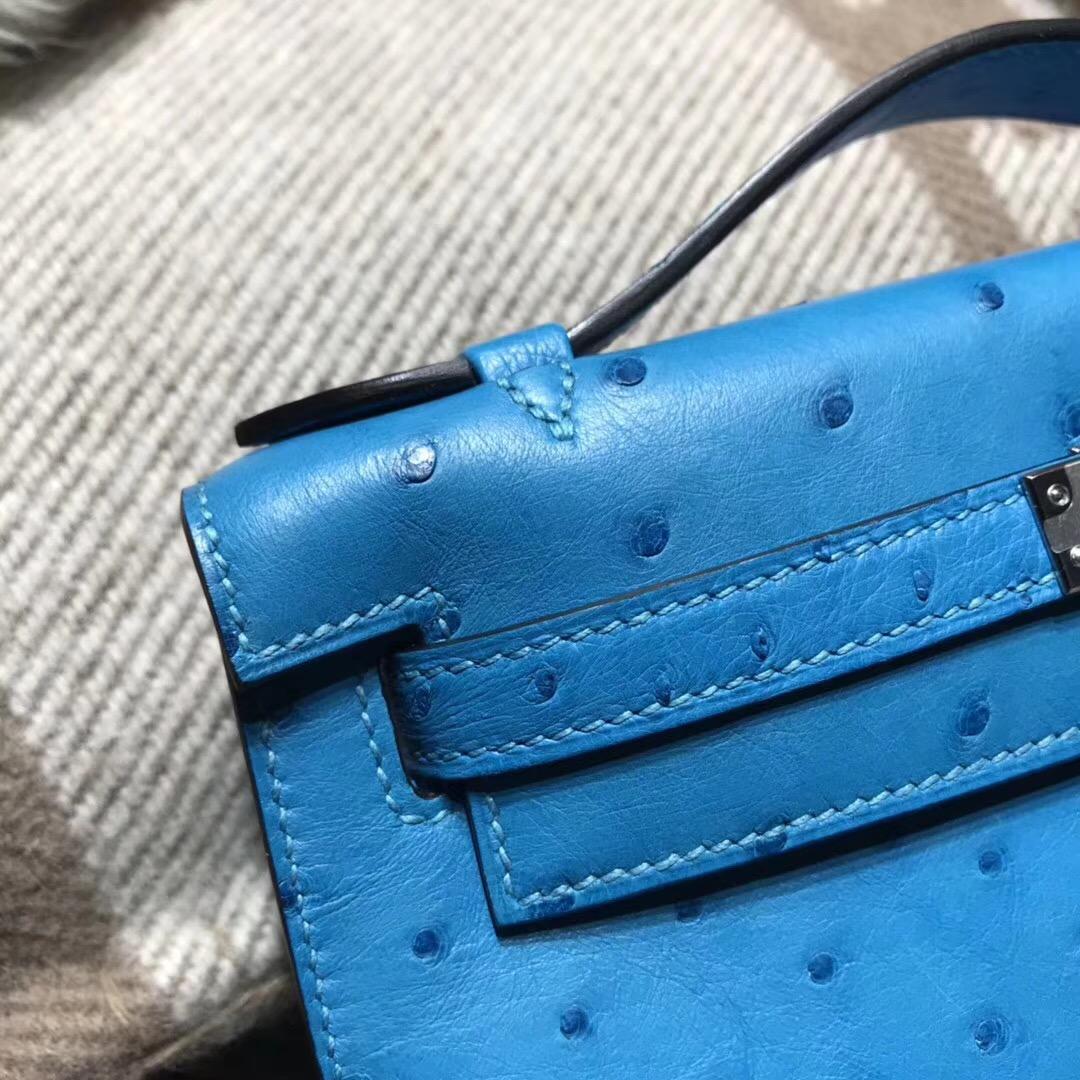 爱马仕Hermes mini kelly 鸵鸟皮 7B Turquoise松石蓝 银扣