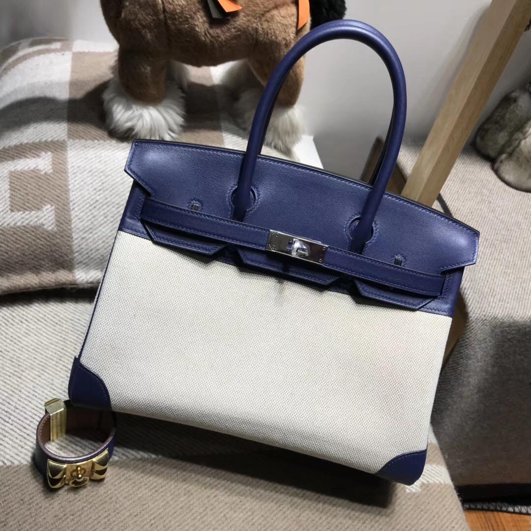 Hermes Birkin 30 Bag Ghillies swift CC73 Blue Saphir寶石藍拼帆布银扣