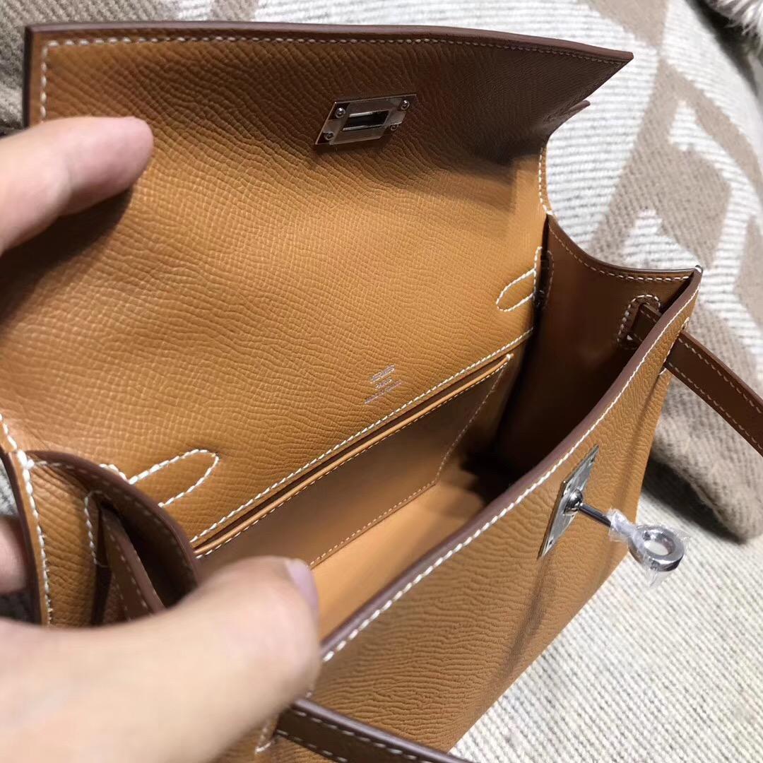 愛馬仕凱莉包 Hermes Mini kelly epsom CK37 Glod 金棕色 银扣金屬