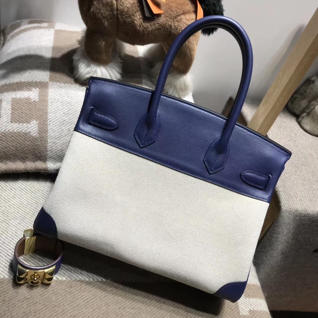 Hermes Birkin 30 Bag Ghillies swift CC73 Blue Saphir寶石藍拼帆布银扣