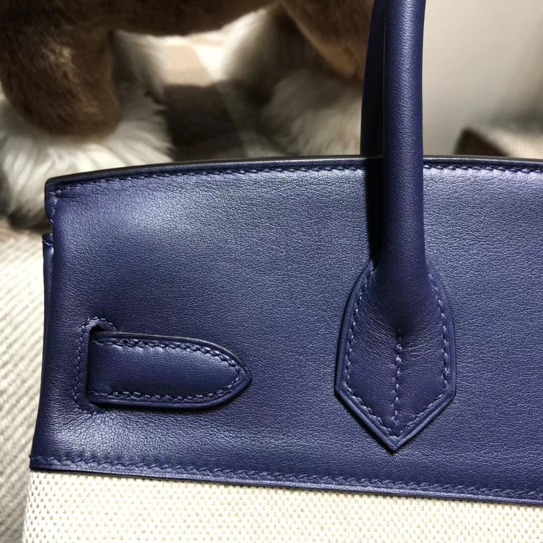 Hermes Birkin 30 Bag Ghillies swift CC73 Blue Saphir寶石藍拼帆布银扣