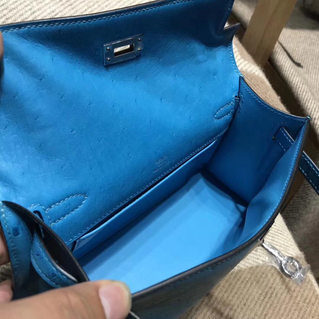 爱马仕Hermes mini kelly 鸵鸟皮 7B Turquoise松石蓝 银扣