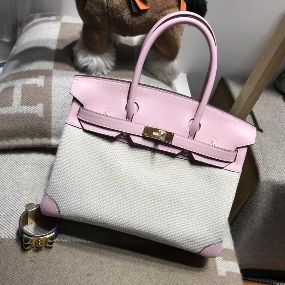 愛馬仕Hermes Birkin 30 Bag 帆布配Swift calfskin皮1Q Rose Confetti奶昔粉金扣